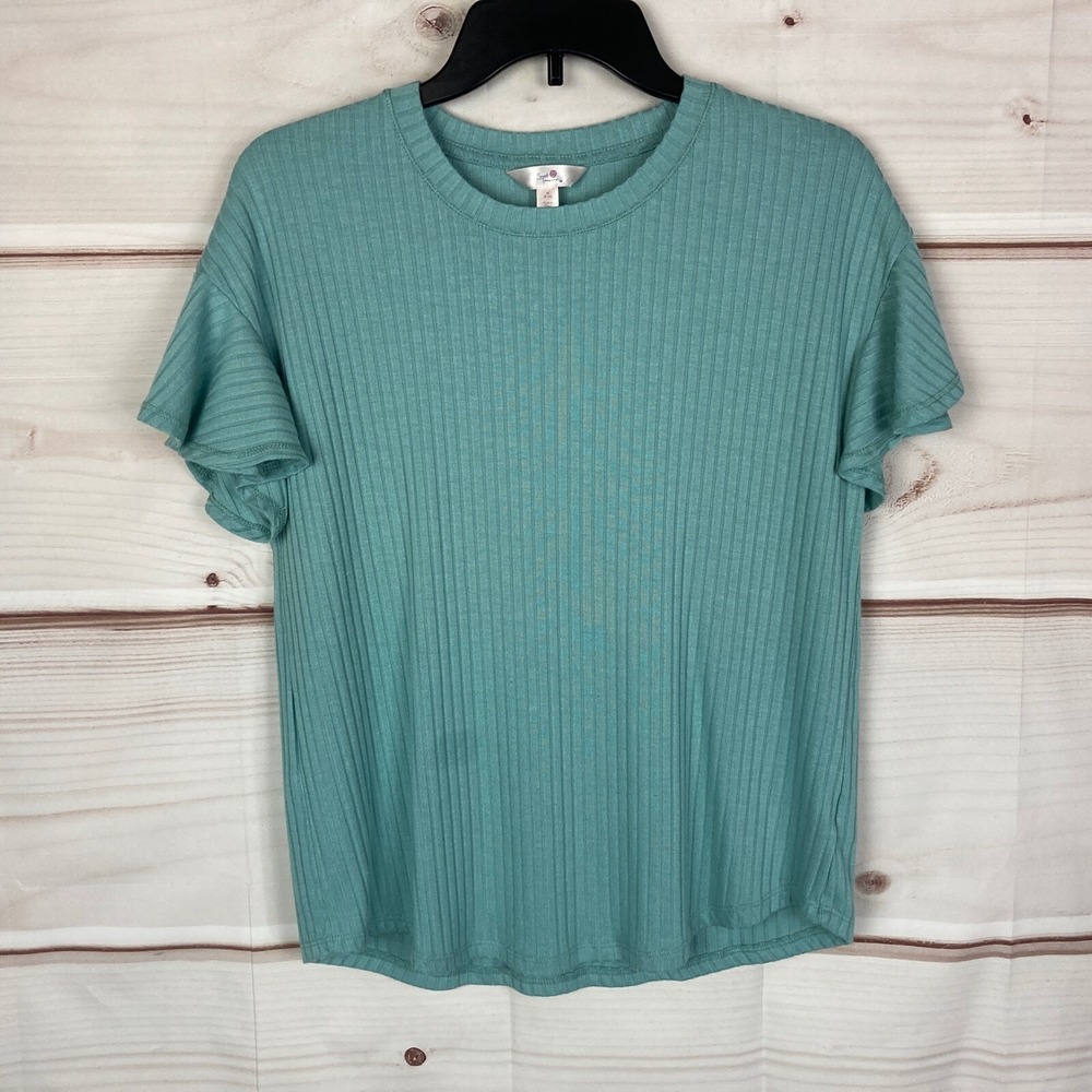 Secret Treasures Pajama Top Womens M Green‎ Ruffle Sleeve Rib Knit Crew Neck